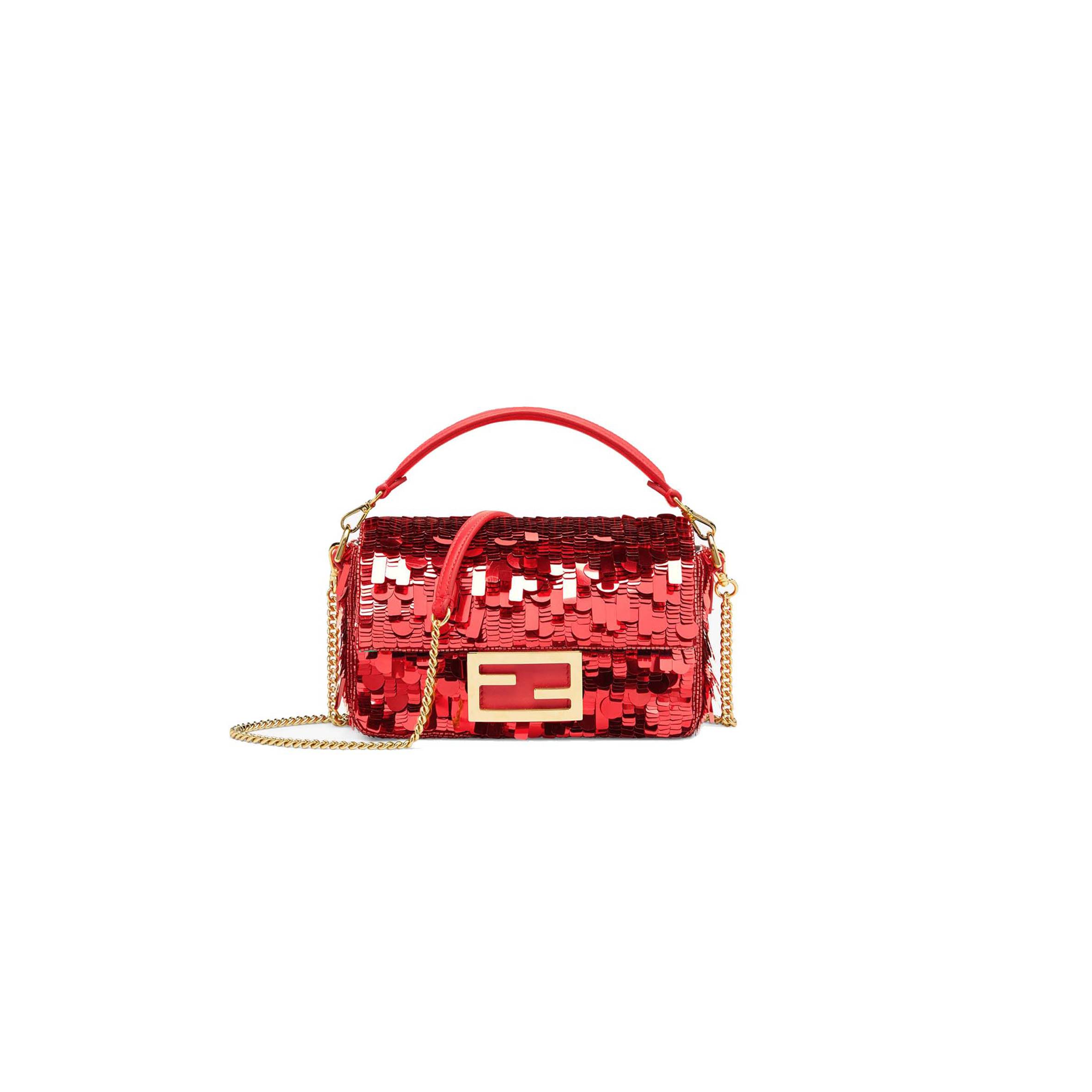 FENDI BAGUETTE MINI - DARK RED SEQUIN AND LEATHER BAG 8BS017AMP0F0V3L (20*13*5cm)